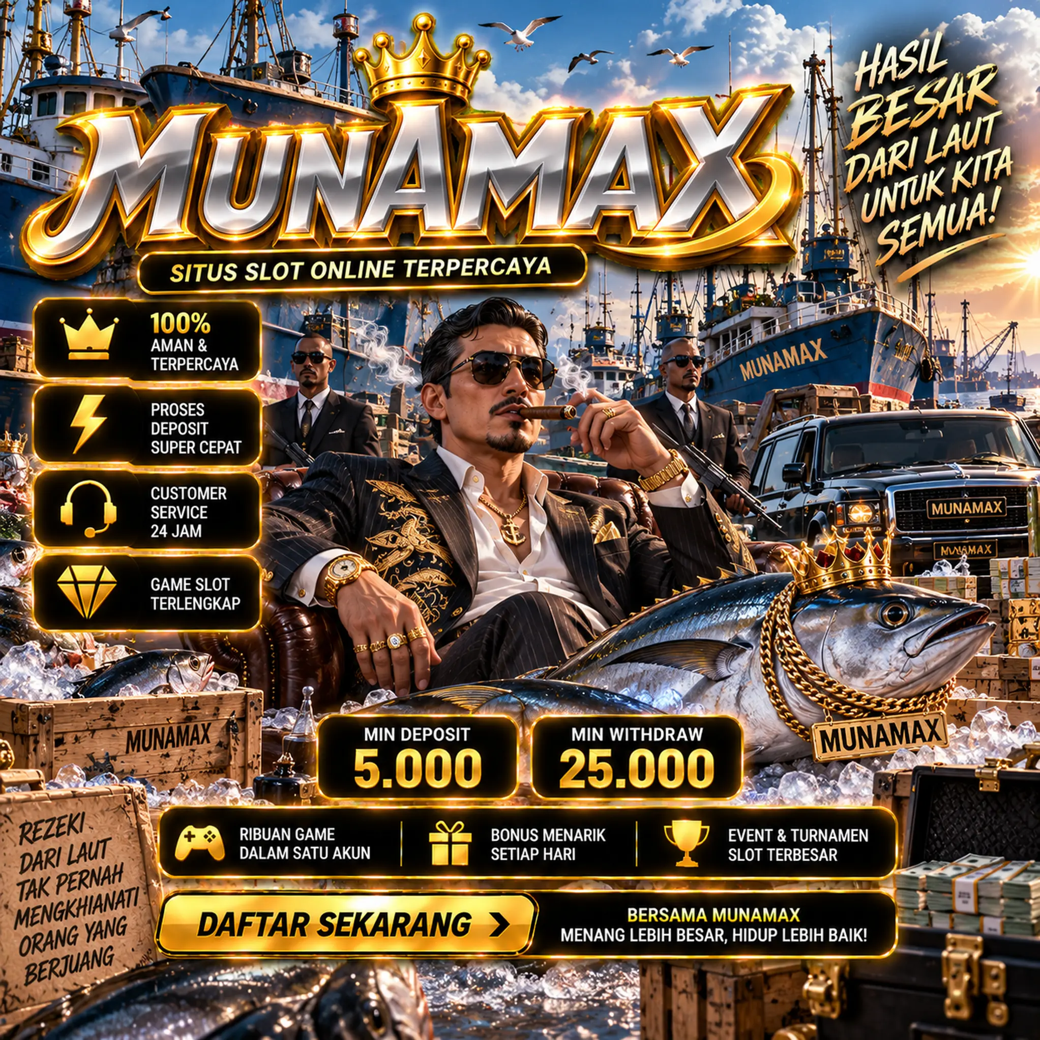Banner MUNAMAX dengan kapal di pelabuhan, ikan tuna bermahkota, dan informasi layanan